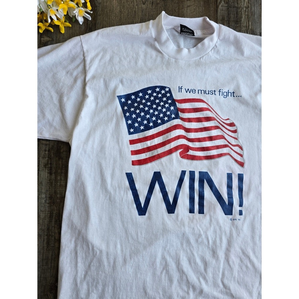 Vintage 90s Screen Stars Black Tag‎ USA American Flag If We Must Fight WIN! XL
